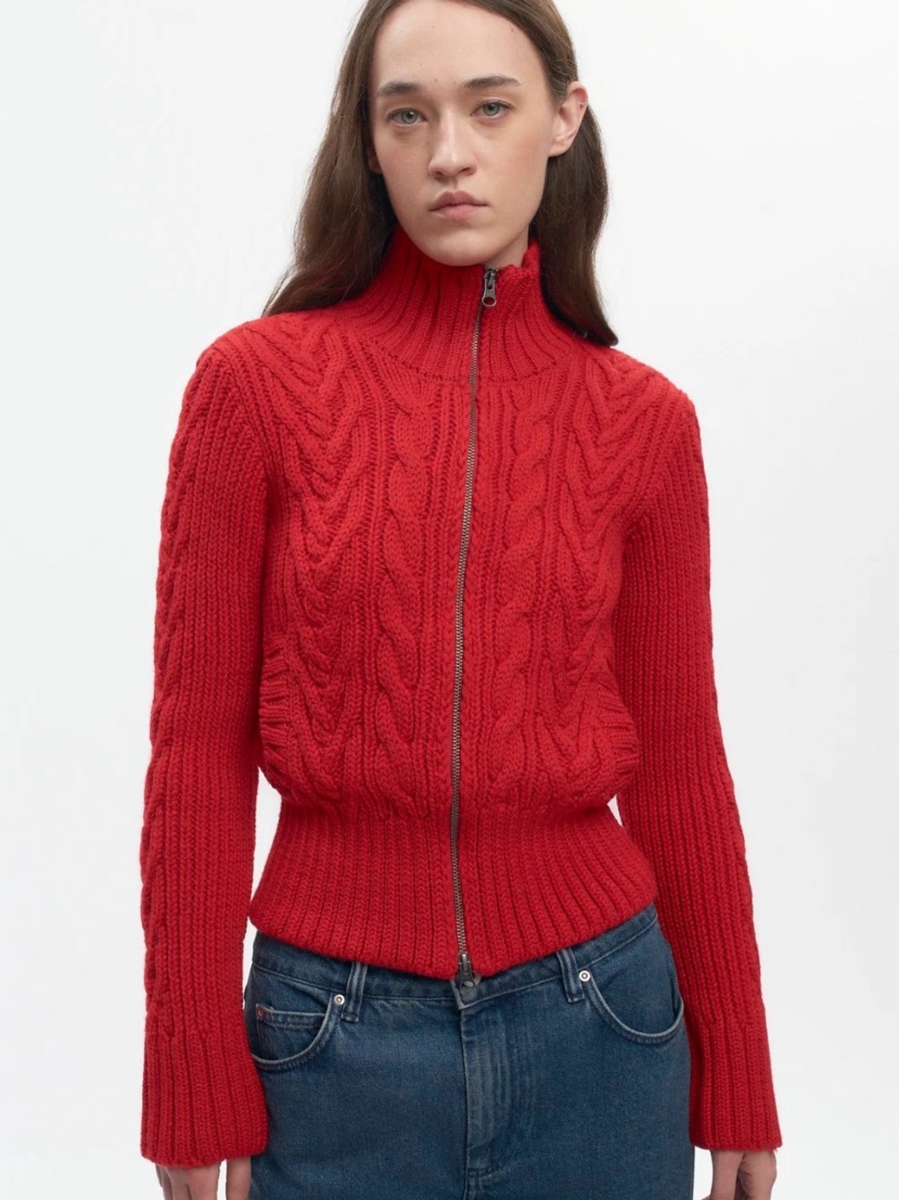 KOTN Red Cable-Knit Zip Turtleneck Sweater